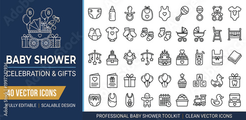 An adorable concept of baby shower and newborn essentials, featuring 40 clean vector line icons for celebrations, gifts, and infant care design resources