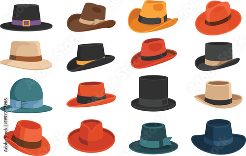 Stylish hat vector set, cowboy, fedora, top hats, vintage fashion headwear collection for men accessory design illustration