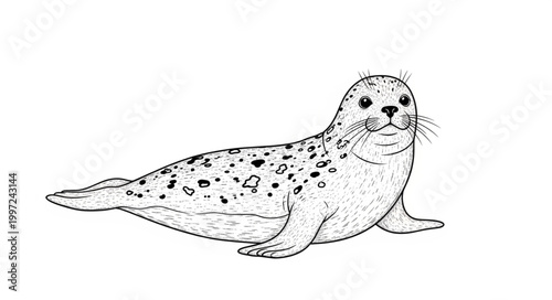 A cute spotted seal lying down on a white background.