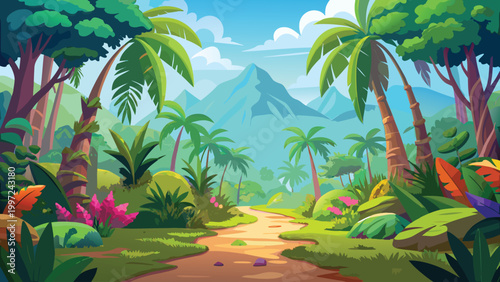 Beautiful tropical jungle landscape with palm trees a dirt path and high mountains under a bright sunny blue sky background Vector