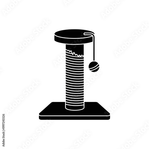 Black silhouette of a cat scratching post with a dangling toy ball.