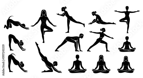 Extensive Collection of Women Silhouettes Performing Diverse Yoga and Meditation Poses for Holistic Wellness on an Isolated White Background