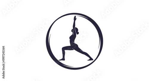 Stylized Logo of a Woman in Warrior II Yoga Pose within a Circle Representing Strength and Balance on an Isolated White Background