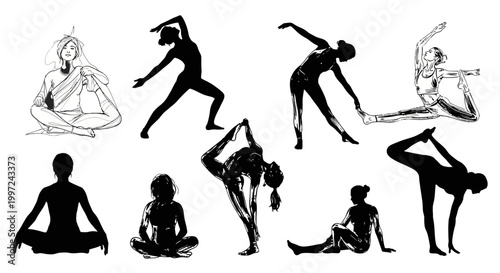 Artistic Collection of Women Silhouettes and Line Art Performing Yoga and Stretching Poses for Flexibility and Peace on an Isolated White Background