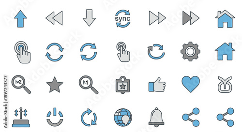 Modern Set of Blue and Grey User Interface Icons for Web and App Navigation and Social Interaction on an Isolated White Background