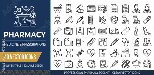 Professional Pharmacy Icon Set Medicine, Prescriptions, and Healthcare Essentials Vector Graphics