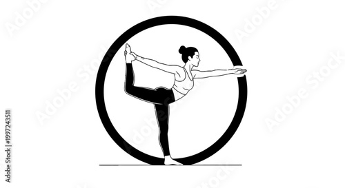 Woman practicing yoga dancer pose in black circle frame, isolated white background