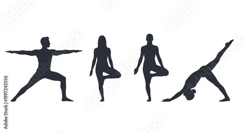 Silhouettes of Diverse People in Dynamic Yoga Poses on Isolated White Background