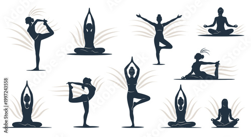 Diverse Women Silhouettes Practicing Various Yoga Poses and Meditation in a Bright Studio