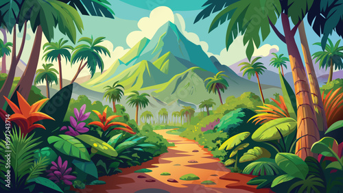 Tropical jungle landscape with a path leading to a big green mountain under a bright sunny sky with lush palm trees Vector