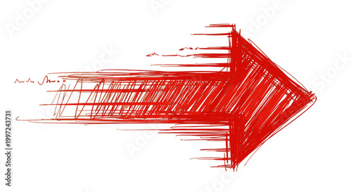 Urgent Red Scribbled Hand-Drawn Arrow Pointing Right on Isolated White Background, conveying speed and direction.