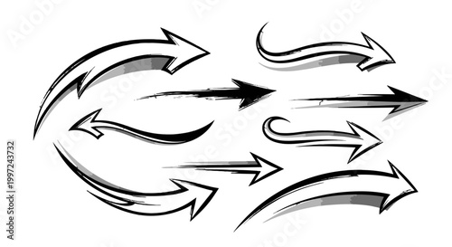 Dynamic Collection of Black Brush Stroke Arrows and Swooshes in Various Directions on Isolated White Background, indicating movement.