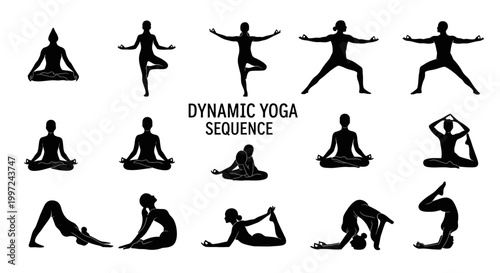 Dynamic Yoga Sequence with Multiple Silhouettes Demonstrating Various Yoga Poses on Isolated White Background.