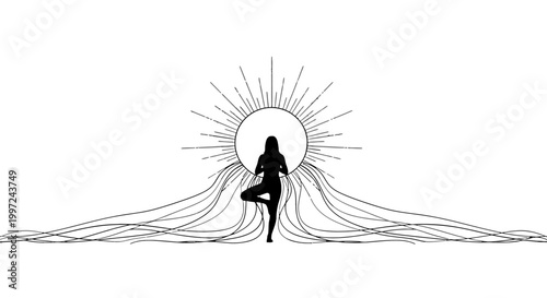 Woman Silhouette in Yoga Pose with Abstract Sun and Flowing Lines on Isolated White Background, evoking spiritual energy.