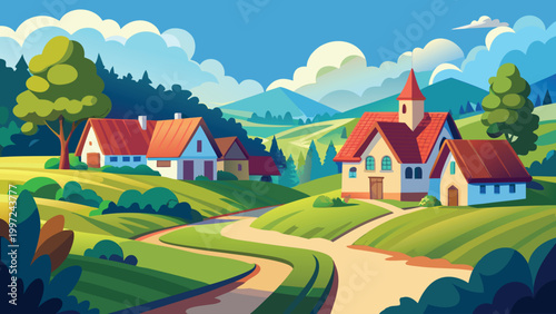 Colorful cartoon landscape with cute houses and trees on green hills in a sunny countryside under a bright blue sky Vector