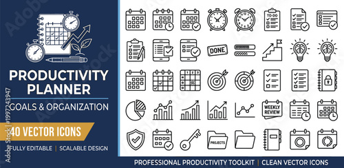 Professional Productivity Toolkit Clean Vector Icons for Goals & Organization - 40 Items