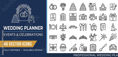 Wedding Planner Events & Celebrations 40 Icons Set for Professional Services