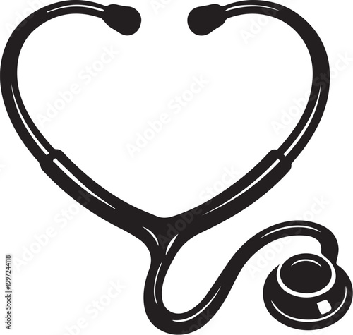 A medical stethoscope and red heart instrument isolated on a white background represent cardiology healthcare and diagnostic tools used by a doctor to listen to a healthy heartbeat
