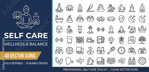 A diverse set of clean outline vector icons for self-care, wellness, and a balanced lifestyle, illustrating concepts of health, relaxation, and personal well-being