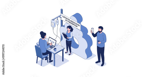 Medical professionals examine patient data and administer treatment in hospital setting.