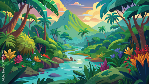 Beautiful tropical jungle landscape with a flowing river and big mountains under a vibrant sunset sky in nature scenery Vector