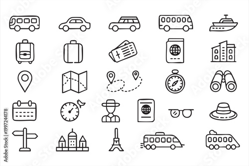 Travel Tourism Transport Icons Passport Map Bus Collection