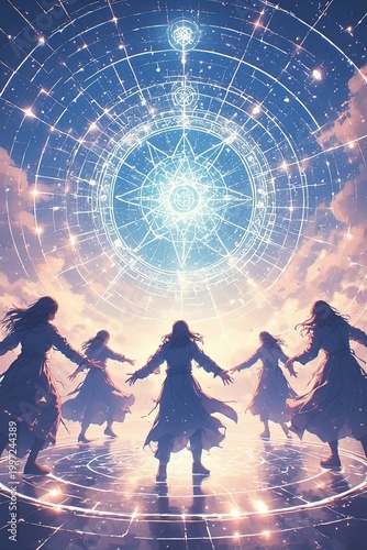 Mystical circle of dancers under celestial mandala sky, glowing sacred geometry and cosmic energy, fantasy ritual scene with magical light, spiritual unity and harmony illustration