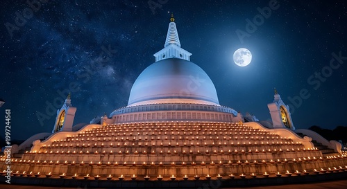 Majestic White Buddhist Stupa Illuminated by Oil Lamps Under a Full Moon and Starry Night Sky