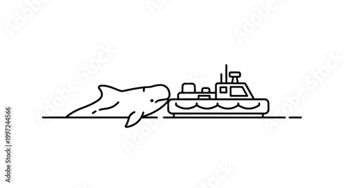 Minimalist Illustration of a Whale Interacting with a Boat.