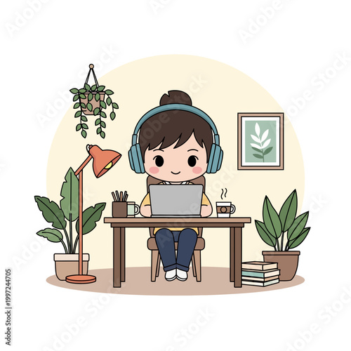 Cartoon woman working remotely on her laptop with headphones