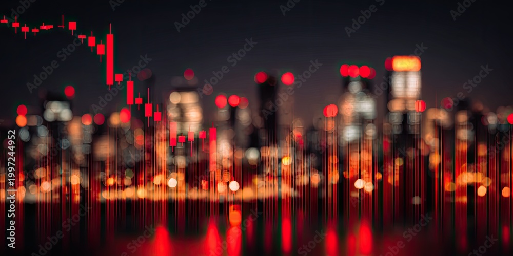 Fototapeta premium Blurry Cityscape at Night with Red Lights and Reflections.