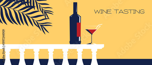 A minimalist vector illustration of a summer vacation on a seaside terrace. Silhouettes of palm leaves, an elegant table with wine and a bottle, and a decorative railing stand out against a light back