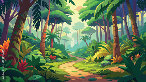A beautiful lush tropical rainforest landscape with a dirt path winding through green trees and plants in summer sunlight Vector