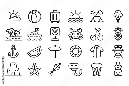 Seaside Vacation And Travel Icons Tropical Holiday Set