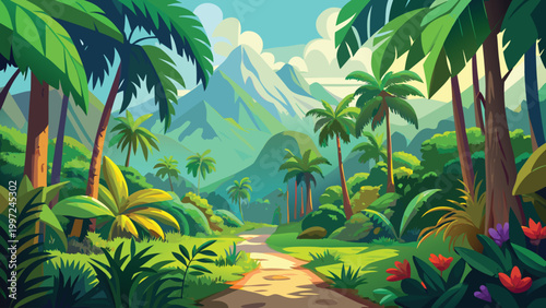 Beautiful tropical jungle landscape with palm trees and large mountains in the background under a bright summer sky Vector