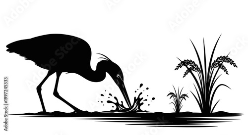 Black silhouette of a heron bird.
