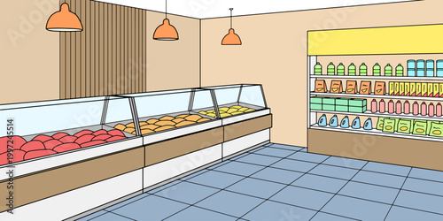 Grocery store shop interior color graphic sketch illustration vector 