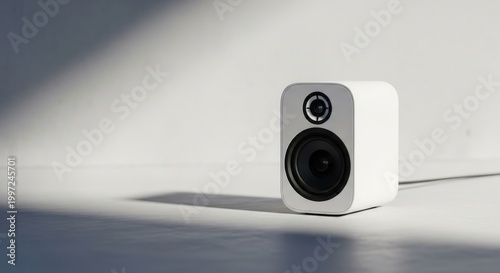 A white compact speaker with a tweeter and woofer on a plain background with shadows