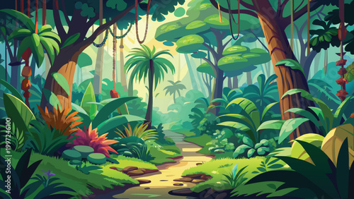 Beautiful tropical rainforest landscape with a small path leading through dense green trees and colorful exotic plants Vector