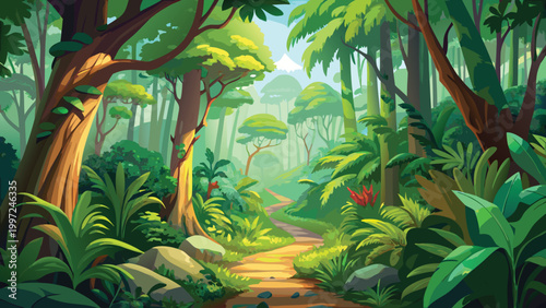 A beautiful lush tropical forest landscape with a winding dirt path through the green jungle trees and bright sunny light Vector