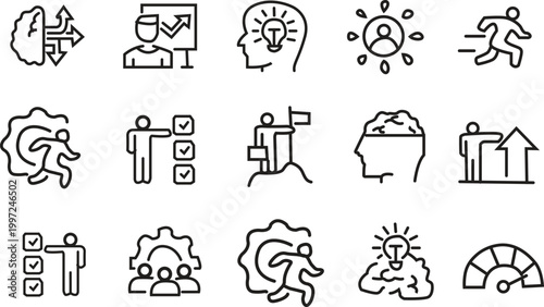 Bold Black Brain Intelligence and Cognitive Performance Icon Set, Minimalist Human Mind and Strategic Thinking Symbols Isolated on White Background Vector