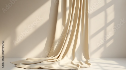 Beige fabric drapes near wall, window shadows for interior design mockup use