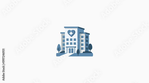 A stylized illustration of a modern hospital building with a prominent heart-shaped cross emblem on its facade, surrounded by trees.