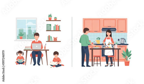 Modern family lifestyle balance work from home and daily activities flat vector illustration