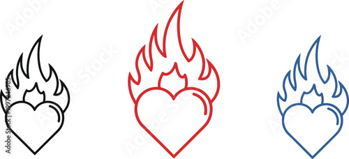 Flaming Heart Icon Set in Outline Style Vector Illustration for Love, Passion, Fire Emotion Symbol, Romantic Design, and Valentine Graphics