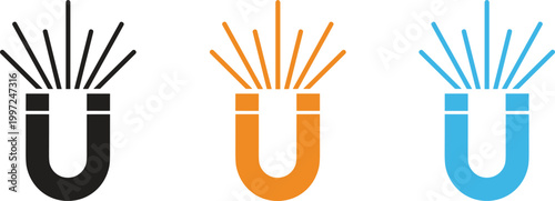 Magnet Icon Set with Attraction Lines in Flat Style Vector Illustration for Physics, Magnetism, Force, Science Education, and Technology Design