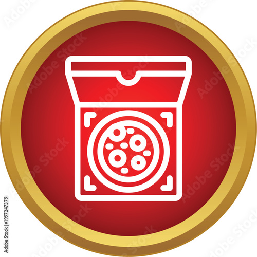 White pizza box with a circular pizza design in a red and gold round frame