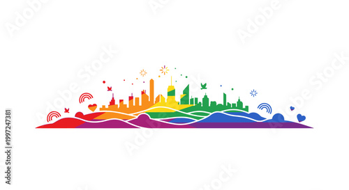Colorful City Skyline with Rainbow Colors.