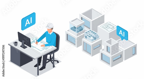 Isometric illustration of a man working on a computer with AI boxes.