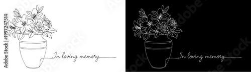 Sympathy card with ash urn, bouquet and heartfelt message "IN LOVING MEMORY", contrasting removable background, simple continuous line drawing style, copy space for personalized text
